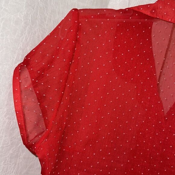 Guess L Red Textured Polka Dot Romantic Sheer Short Sleeve Collared Blouse - Picture 8 of 16